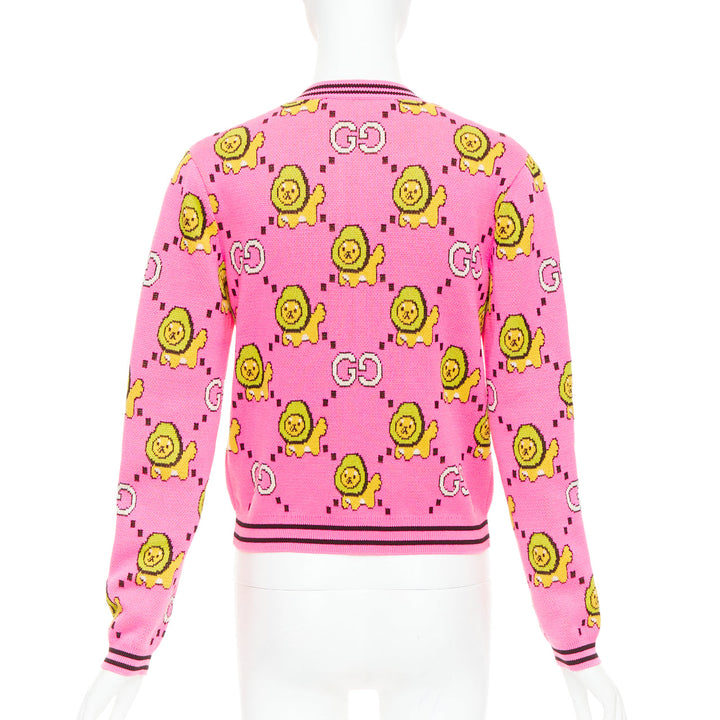 GUCCI PIKARAR pink yellow cotton Kawaii Lion GG monogram cropped cardigan XXS