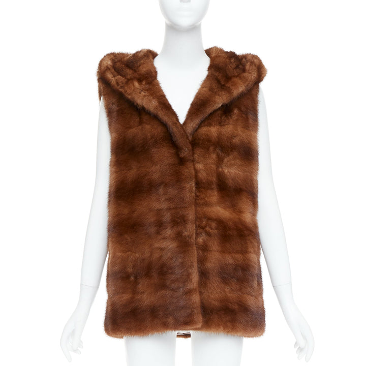 LUCIA PIERI brown real fur hooded patchwork tiered sleeveless vest