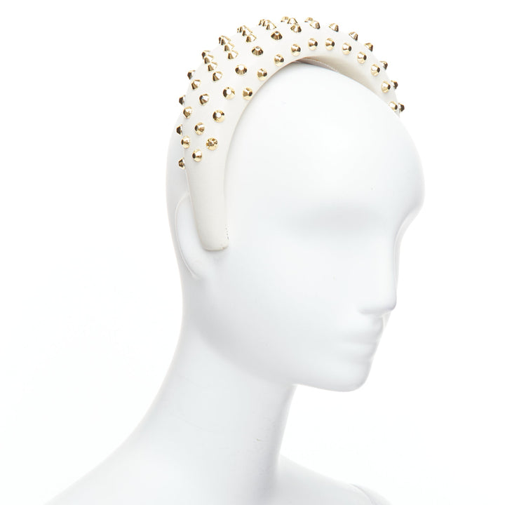 PRADA white leather gold studded padded Alice headband