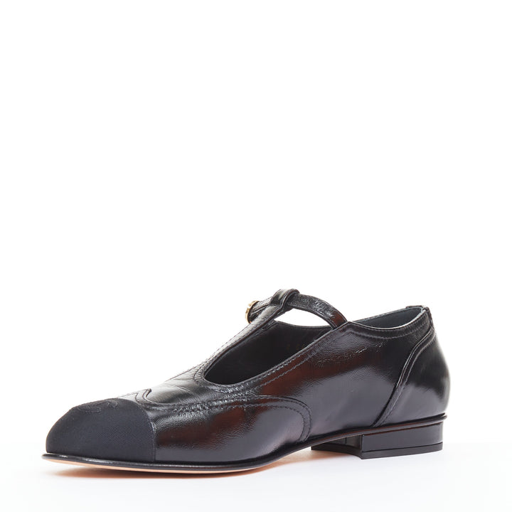 CHANEL 2023 black leather grosgrain CC cap toe T-Strap mary jane flats EU39.5