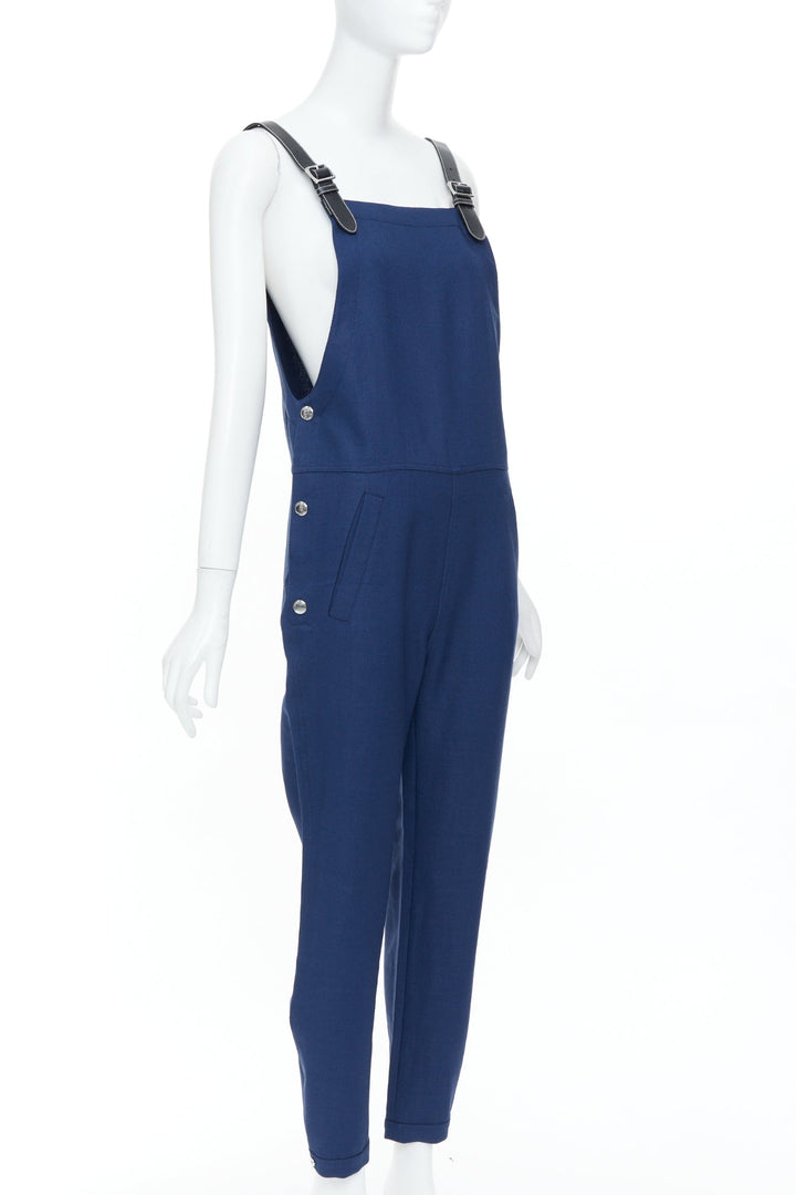 BURBERRY 2020 blue virgin wool ramie leather strap overalls dungaree UK6 XS