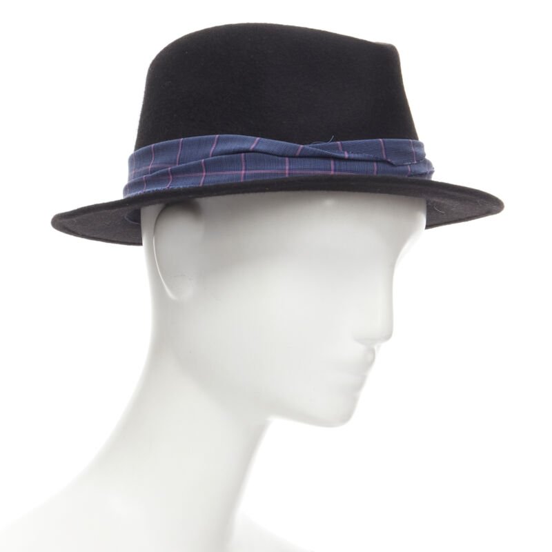 MAISON MICHEL black wool paint lacquered blue check ribbon fedora hat M 57cm