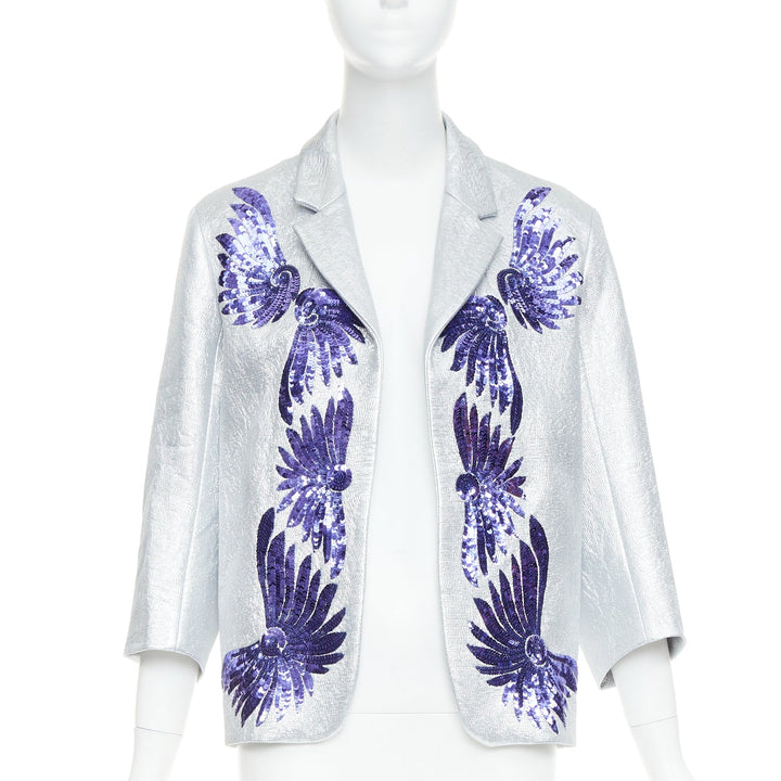 DRIES VAN NOTEN 2016 Runway metallic silver purple sequin wing blazer FR34 XS