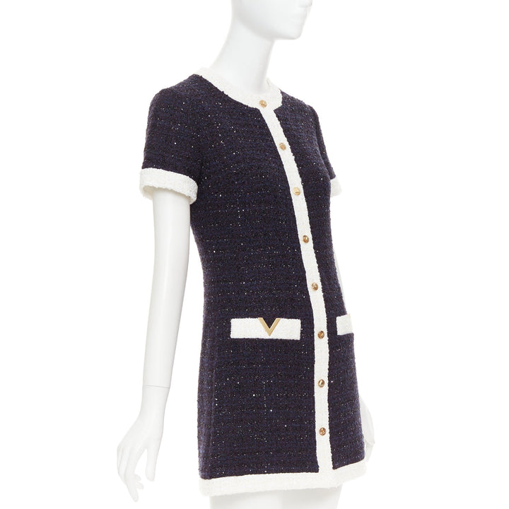 VALENTINO 2023 Retro Mini cream navy boucle tweed V logo mini dress IT38 XS