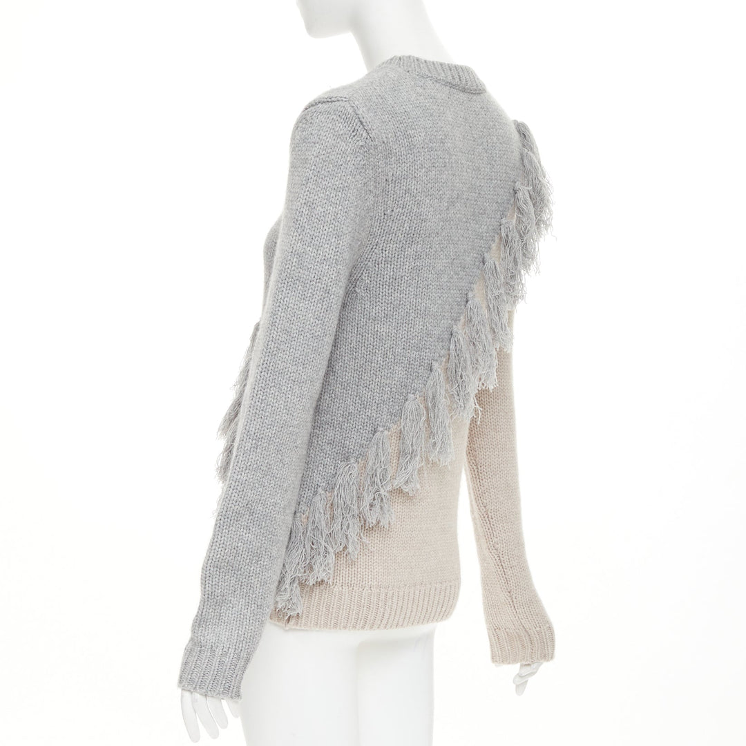 JW ANDERSON grey beige wool cashmere tassel trim asymmetric split  sweater XS