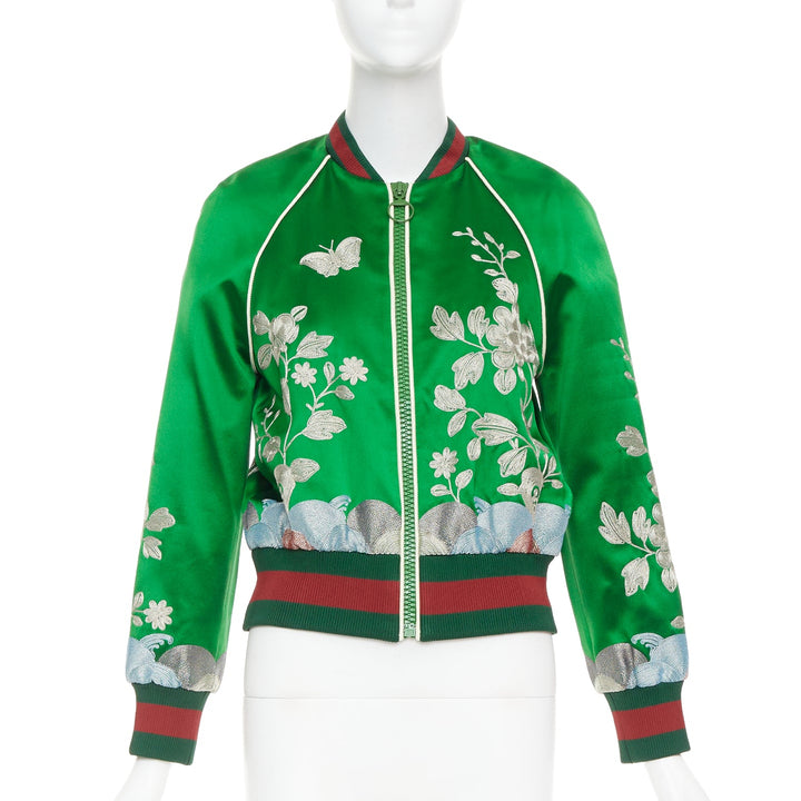 GUCCI 2016 Runway green duchess silk gold embroidery chinoiserie bomber IT40 S