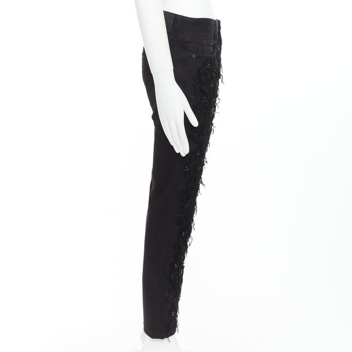 JOHN GALLIANO black cotton floral fringe embellished bootcut jeans FR46 S