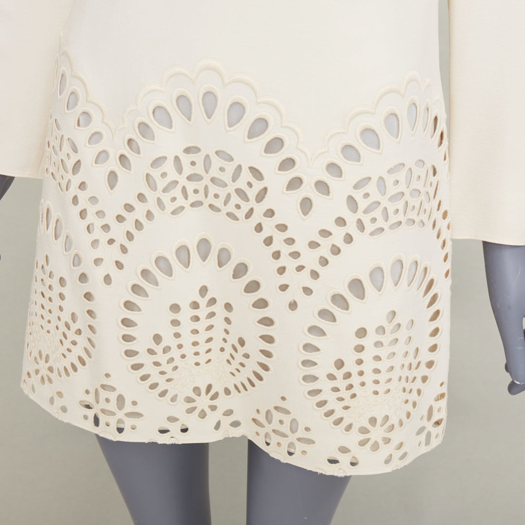 VALENTINO ivory wool silk crepe embroidered anglais shift dress IT40 S