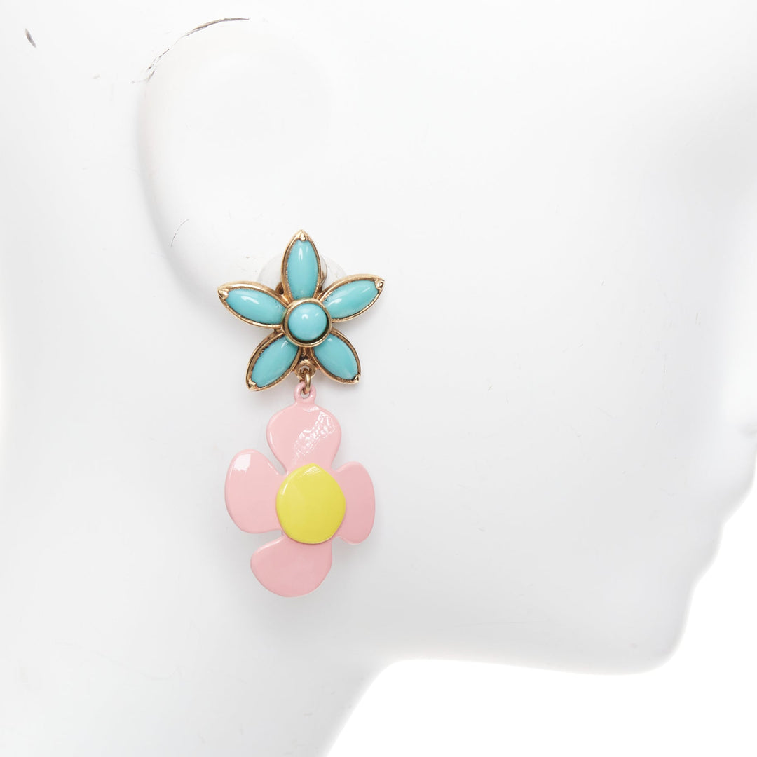 SAINT LAURENT 2021 Runway turquoise stone pink daisy enamel clip earrings Pair