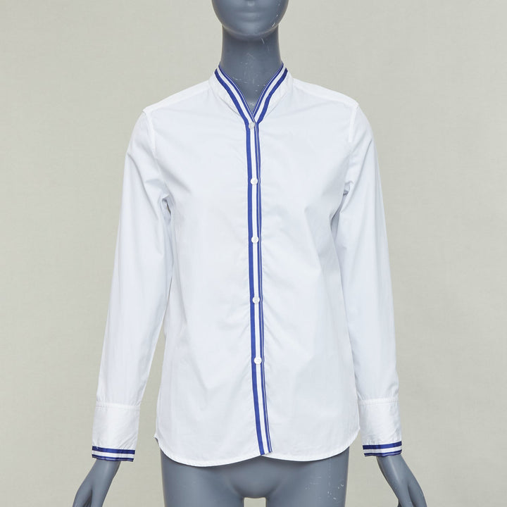 HERMES white blue 100% cotton nautical stripes short collar shirt FR34 XS