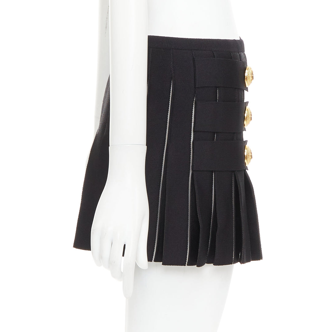 BALMAIN black gold lion buttons diamond grid knit pleated mini skirt FR34 XS