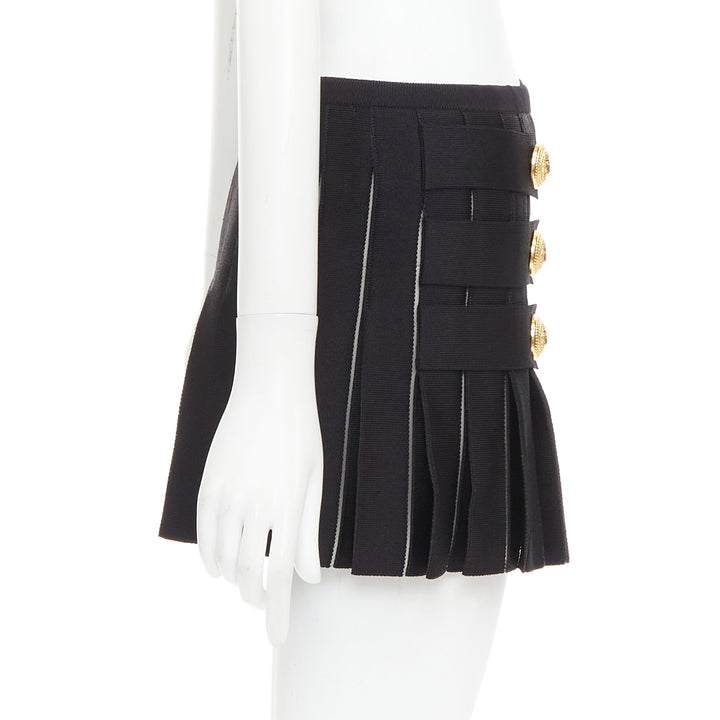 BALMAIN black gold lion buttons diamond grid knit pleated mini skirt FR34 XS
