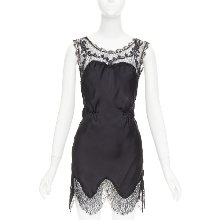 NINA RICCI Vintage black intricate lace trim 100% silk camisole dress FR36 XS