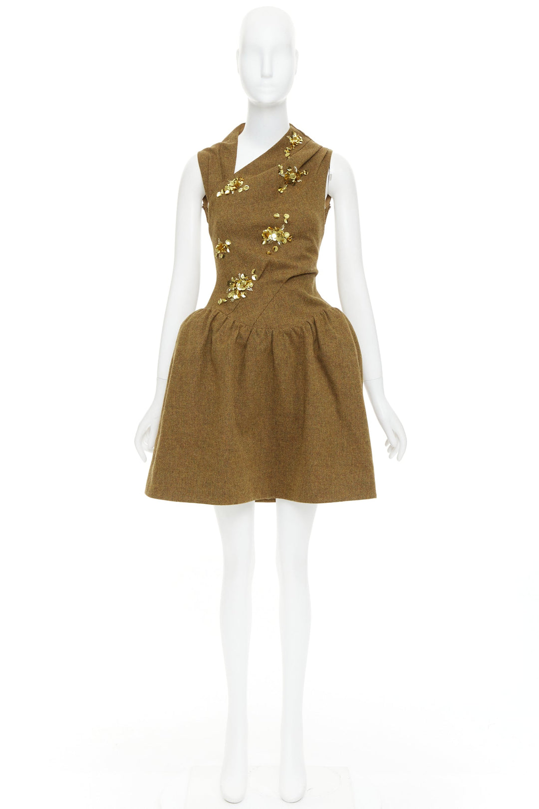 rare SHUSHU TONG Backless brown wool gold sequin fit flare dress UK6 XS
