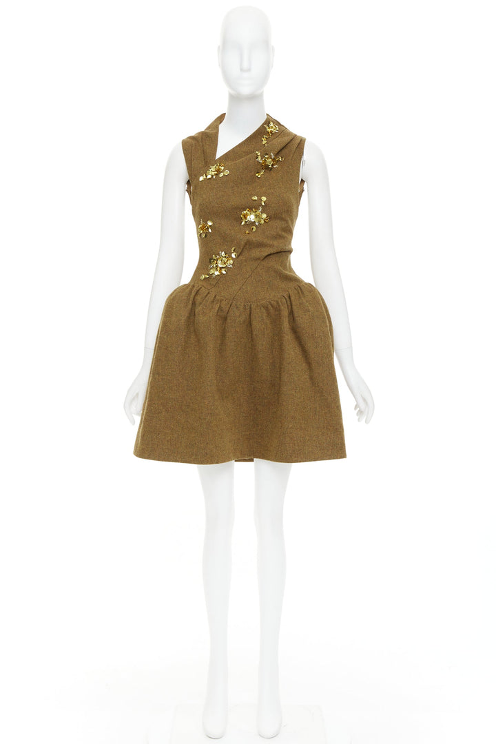 rare SHUSHU TONG Backless brown wool gold sequin fit flare dress UK6 XS