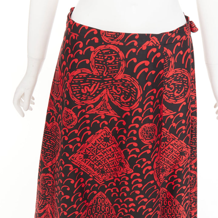 DIOR Diorarmour black red cotton playing cards print wrap midi skirt FR36 S