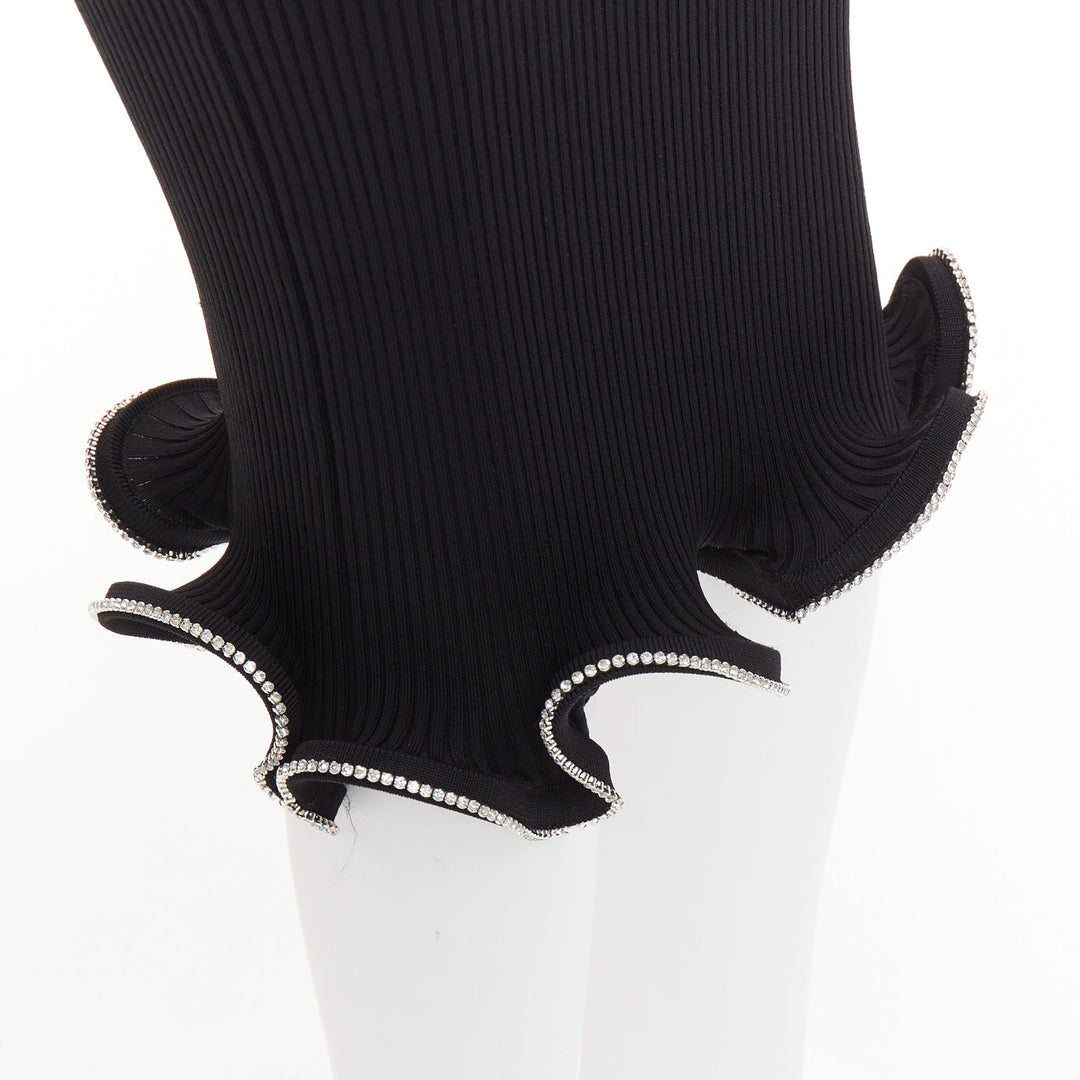 ALEXANDRE VAUTHIER black ribbed knit silver strass crystal flounce ruffle skirt