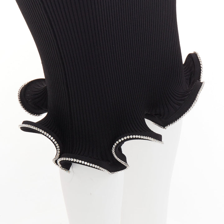 ALEXANDRE VAUTHIER black ribbed knit silver strass crystal flounce ruffle skirt