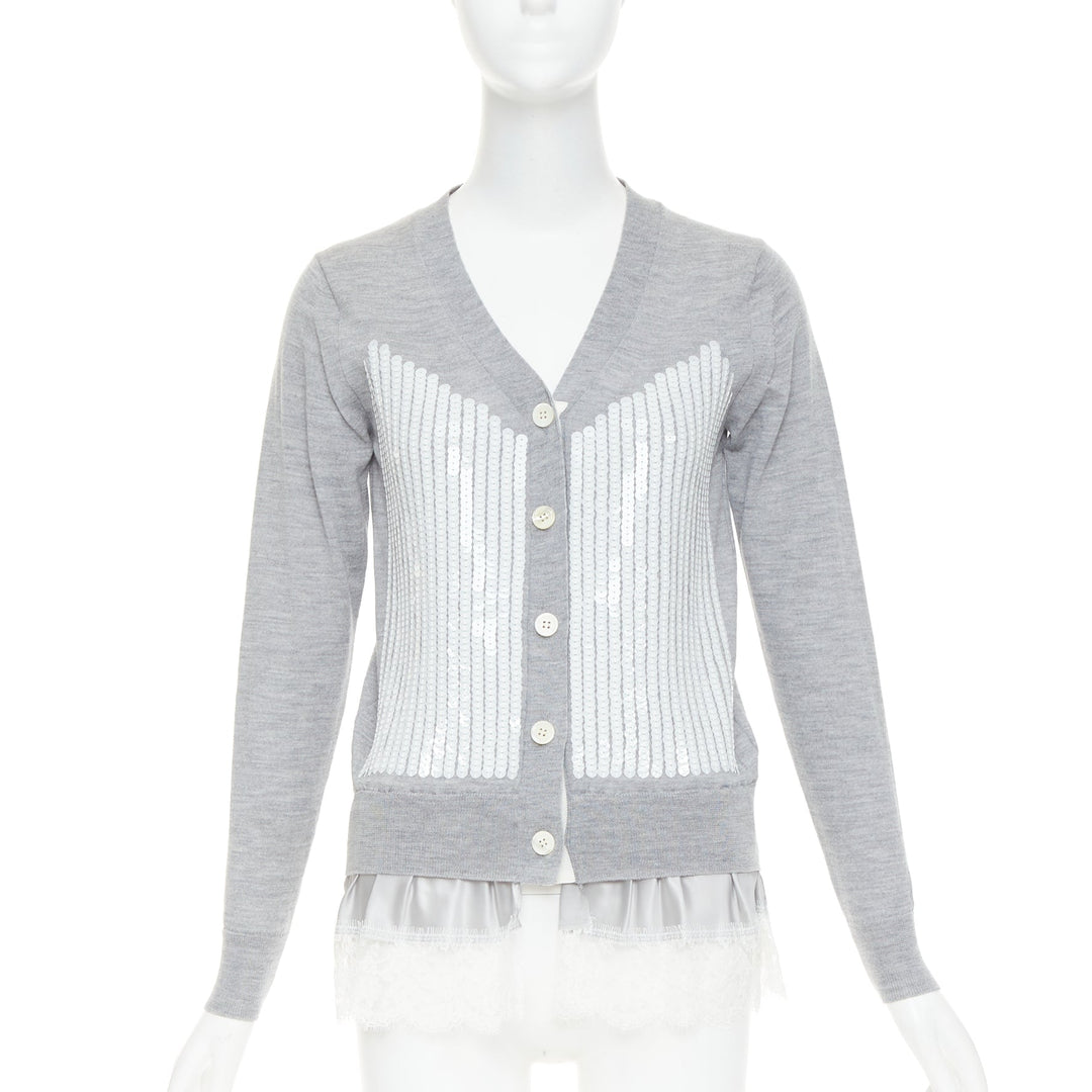 SACAI 2012 grey wool white sequin lace ruffle scallop hem cardigan JP1 S