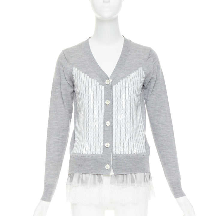 SACAI 2012 grey wool white sequin lace ruffle scallop hem cardigan JP1 S