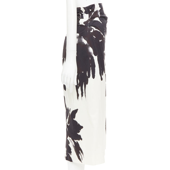 DRIES VAN NOTEN black white cotton watercolor floral print midi skirt FR38 M