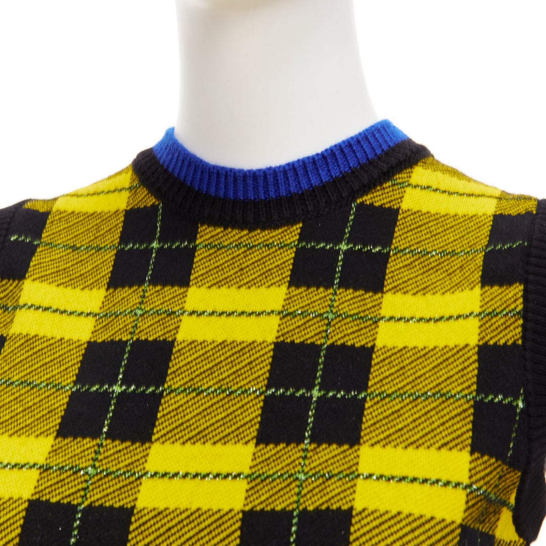 VERSACE 2018 punk tartan blue web trim wool blend sweater vest IT38 XS