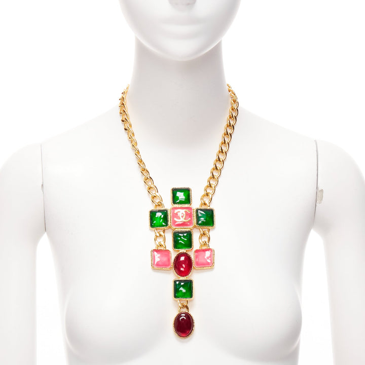 rare CHANEL B20K green pink red gripoix gold CC logo byzantine princess necklace