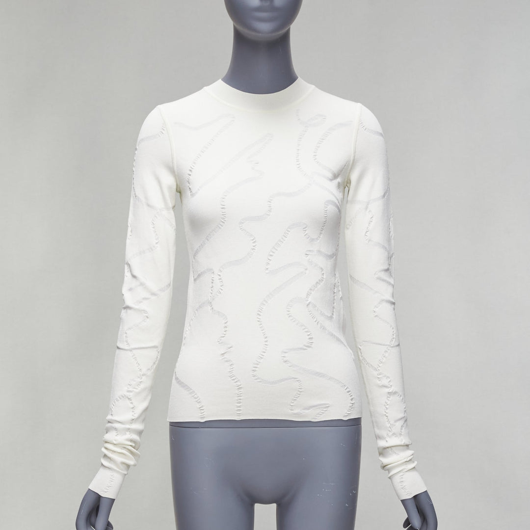 HELMUT LANG cream wiggly line motive jacquard long sleeve sweater S