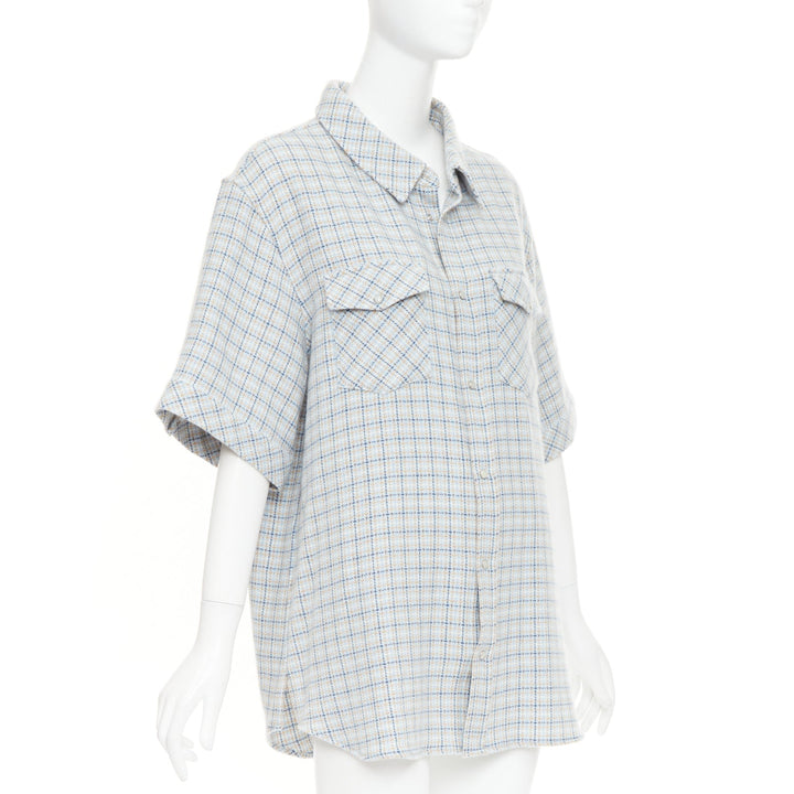 GOD'S TRUE CASHMERE River Tartan 100% cashmere Moonstone blue checkered shirt XL