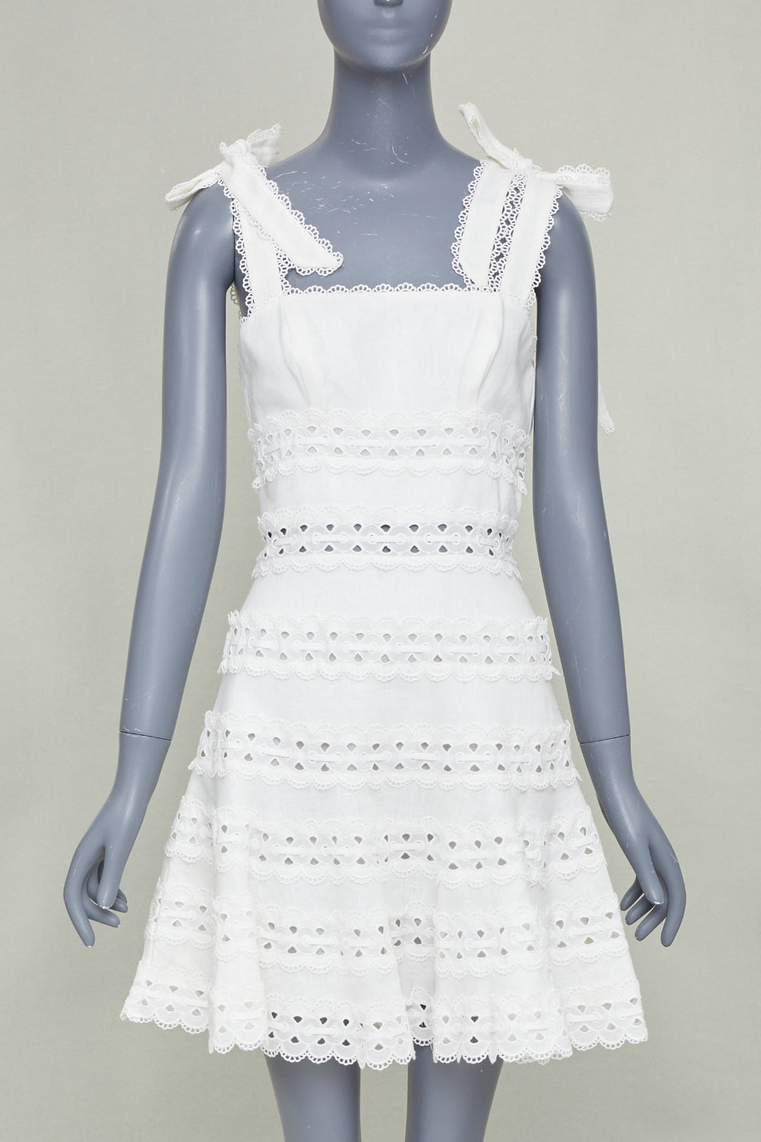 ZIMMERMANN 2020 Kirra Tie Shoulder white linen eyelet lace mini dress Sz1 S