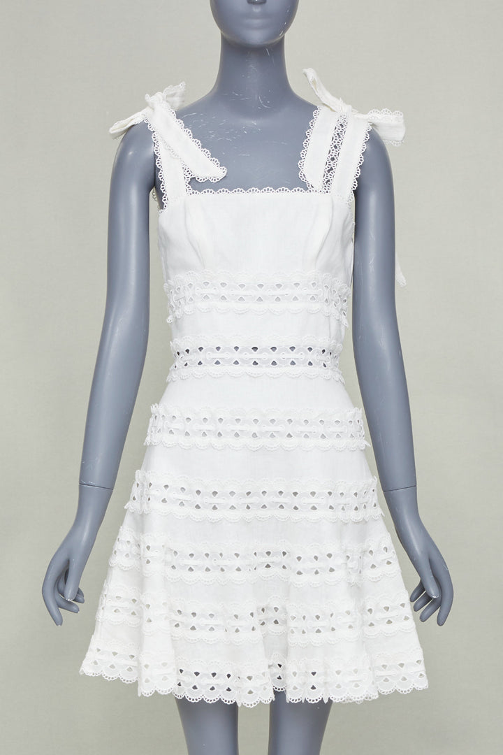 ZIMMERMANN 2020 Kirra Tie Shoulder white linen eyelet lace mini dress Sz1 S