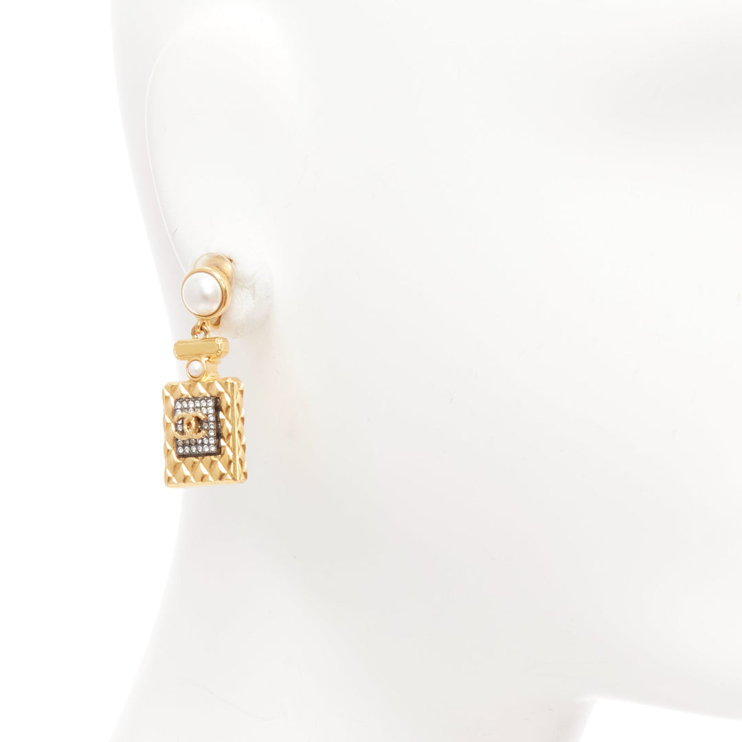CHANEL A20A gold CC Perfume Bottlefaux pearl drop pendant earrings pair