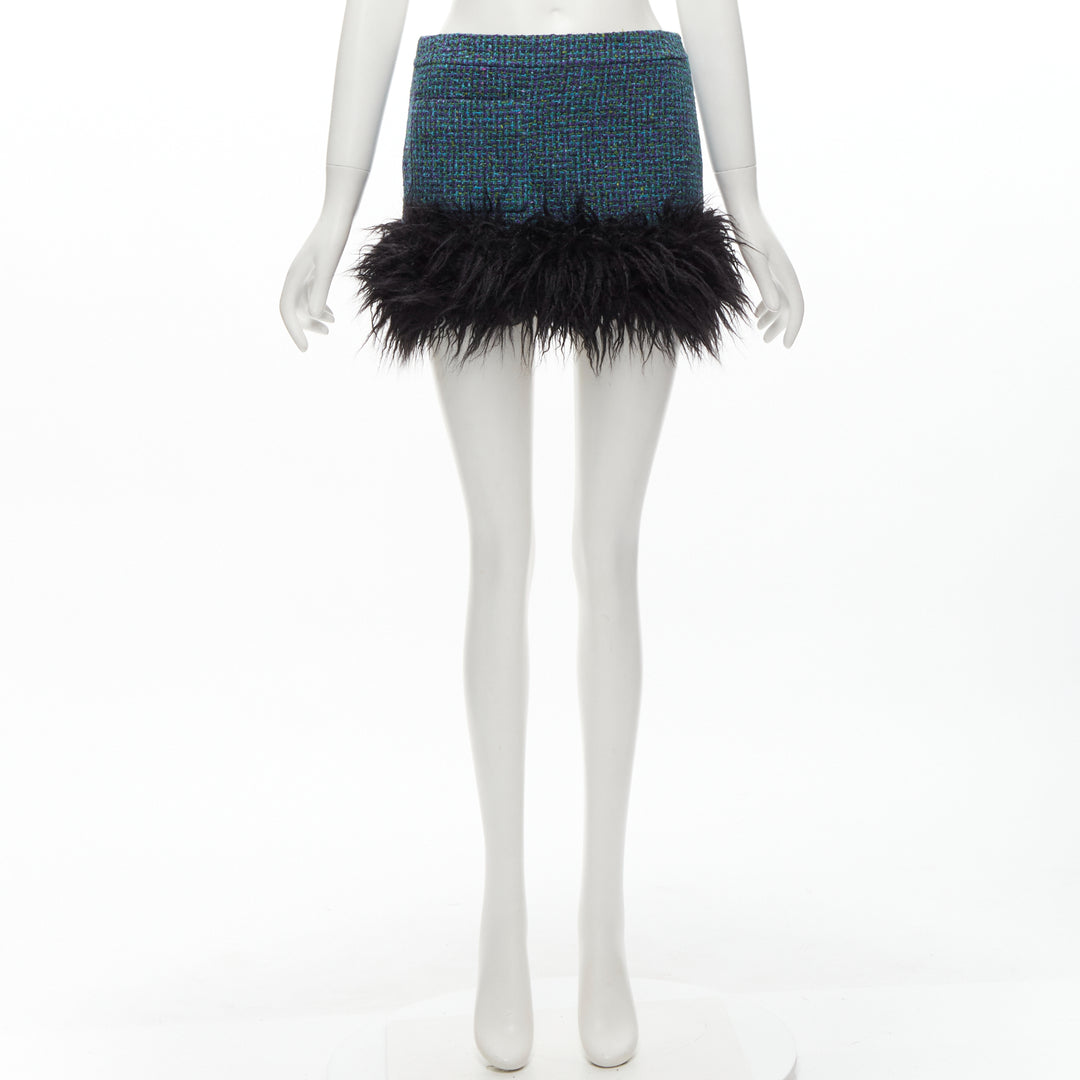 SAINT LAURENT 2022 blue tweed faux fur trim mini skirt FR38 M