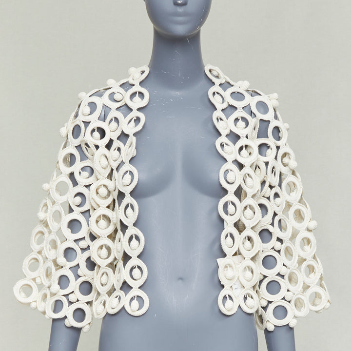 rare MOSCHINO 1980's Vintage cream macrome crochet drop ball crop jacket IT40 S