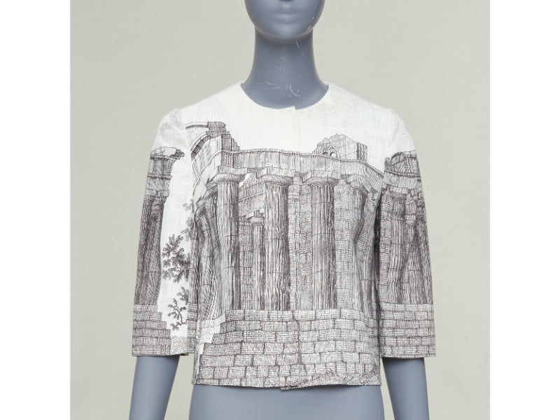 DOLCE GABBANA 2014 cream linen grey Greek Temple printed flax crop jacket IT40 S