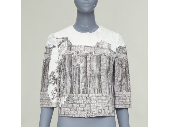 DOLCE GABBANA 2014 cream linen grey Greek Temple printed flax crop jacket IT40 S