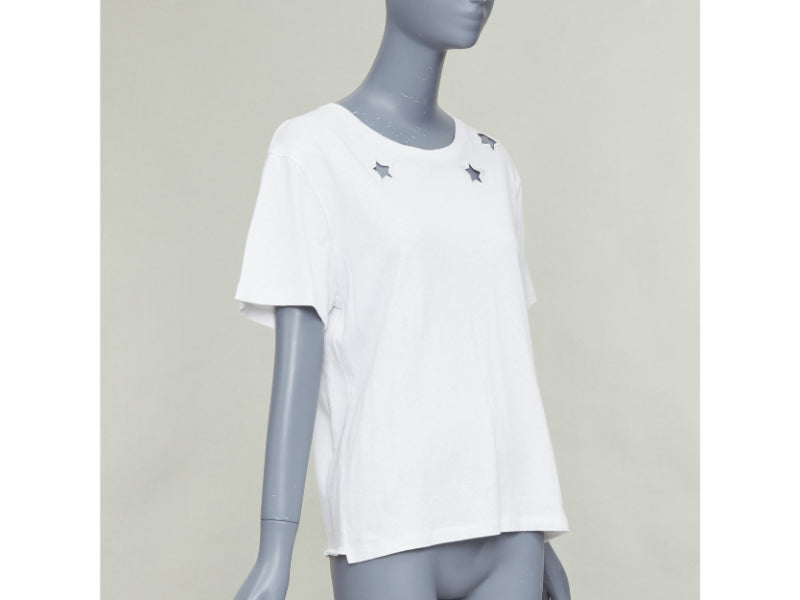 SAINT LAURENT off white cotton star embroidered cut out relaxed tshirt