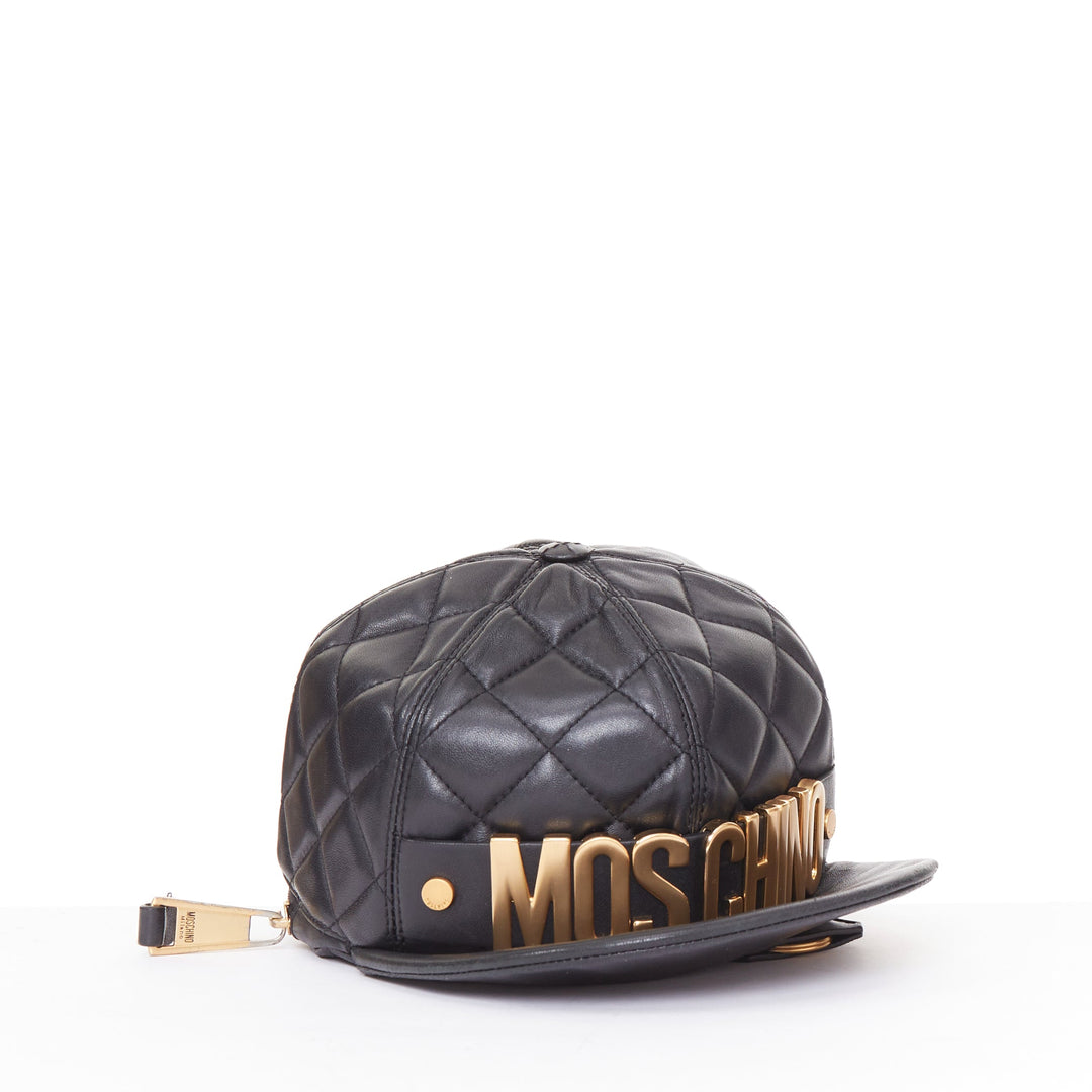 MOSCHINO Jeremy Scott black diamond quilted leather gold logo baseball cap bag