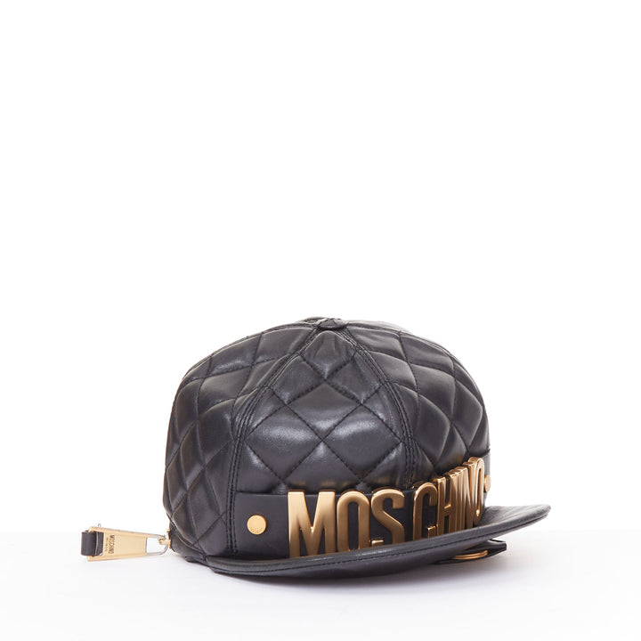MOSCHINO Jeremy Scott black diamond quilted leather gold logo baseball cap bag