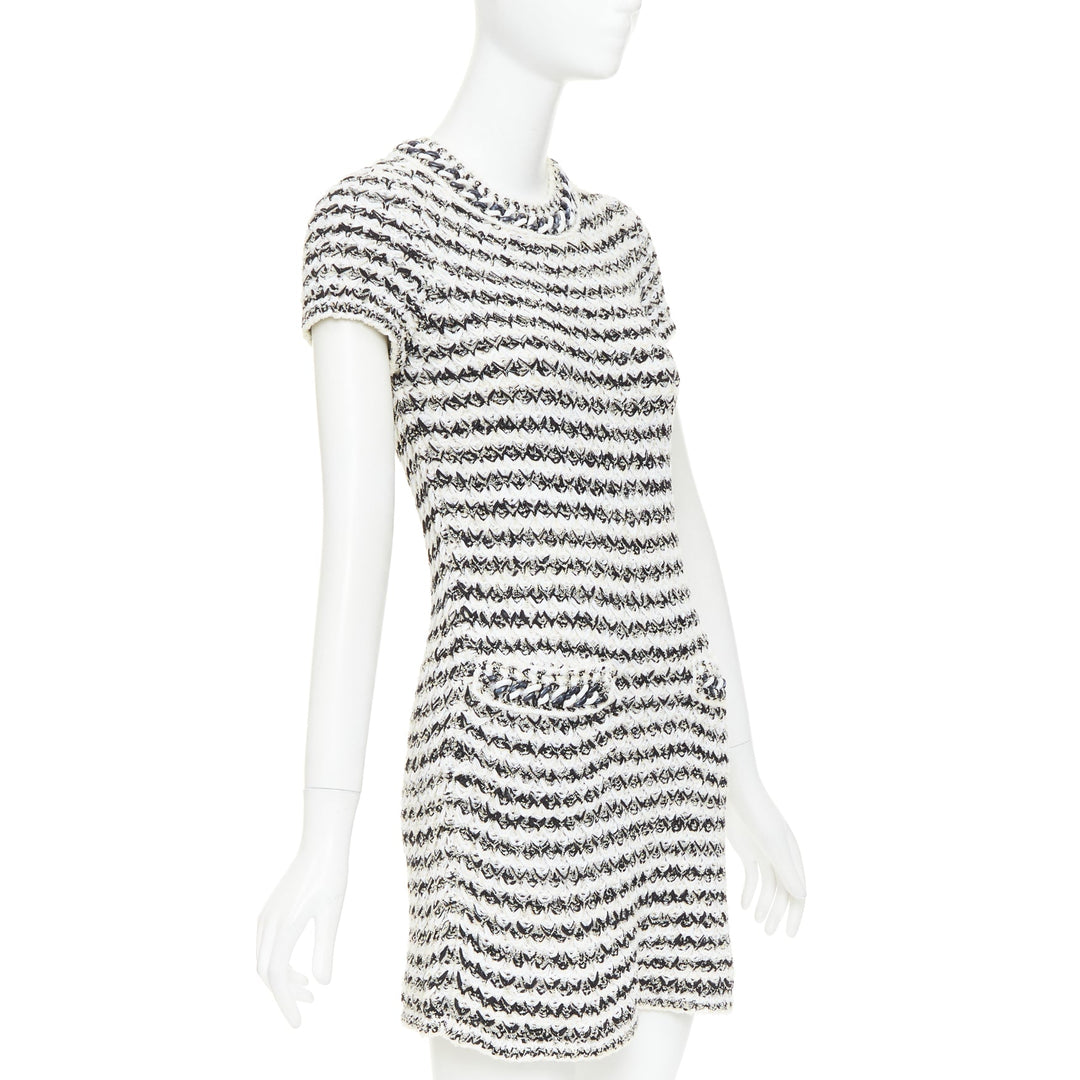 CHANEL 19P black white cotton tweed tweed chunky resin chain trim dress FR34 XS