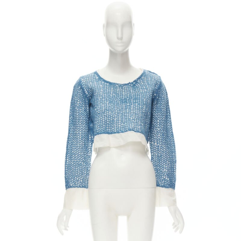 COMME DES GARCONS 1980's Vintage blue wool weave embroidered cropped top M