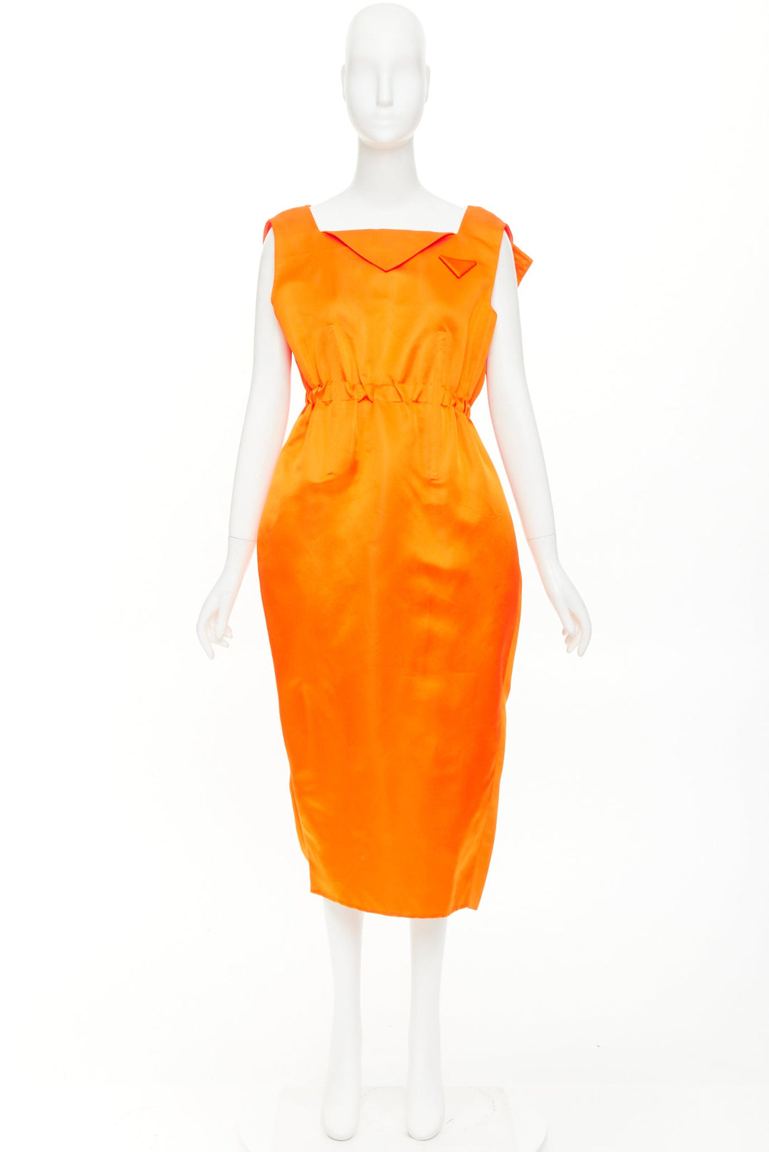 PRADA 2022 Runway orange satin triangle patch internal belt undone dress IT42