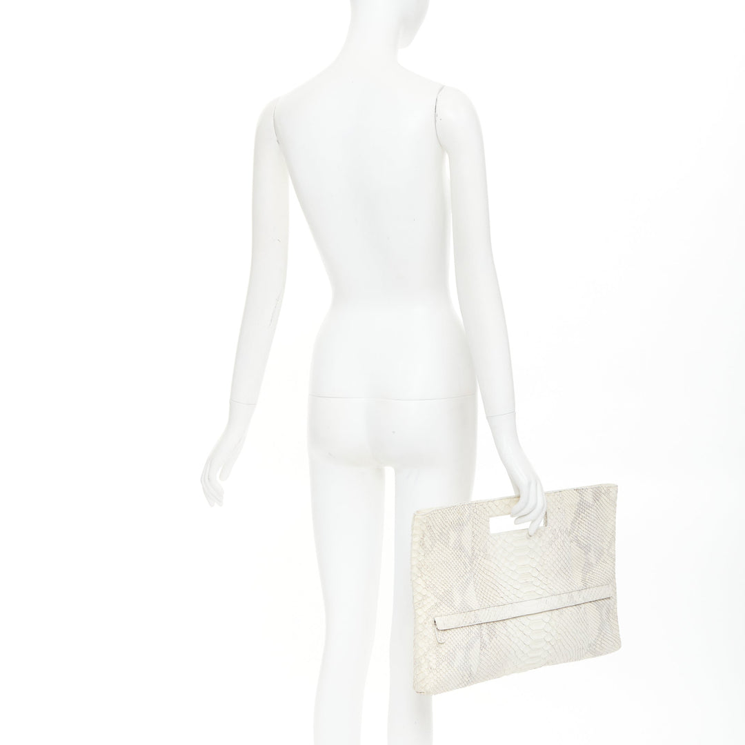 NANCY GONZALEZ cream matte scaled leather front pocket flat shopper tote bag
