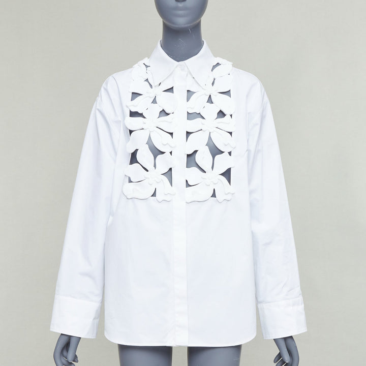 VALENTINO 2023 white floral 3D applique cut out bib dress shirt IT36 XXS