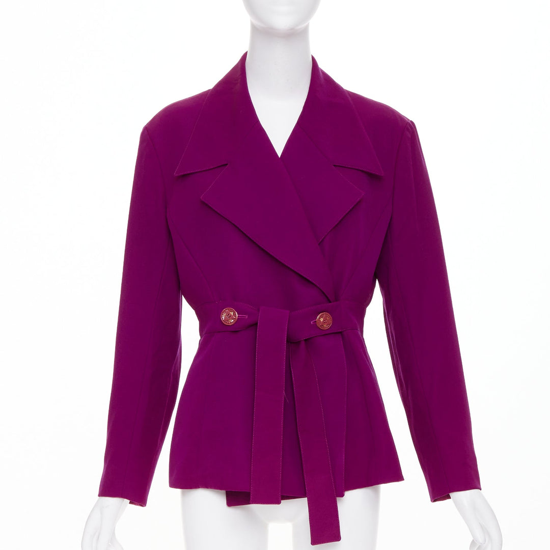 KARL LAGERFELD Vintage purple magenta wool wide lapel belt wrap jacket FR44 2XL