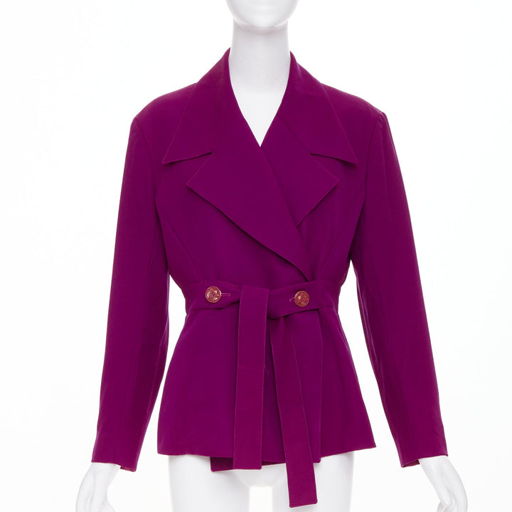 KARL LAGERFELD Vintage purple magenta wool wide lapel belt wrap jacket FR44 2XL