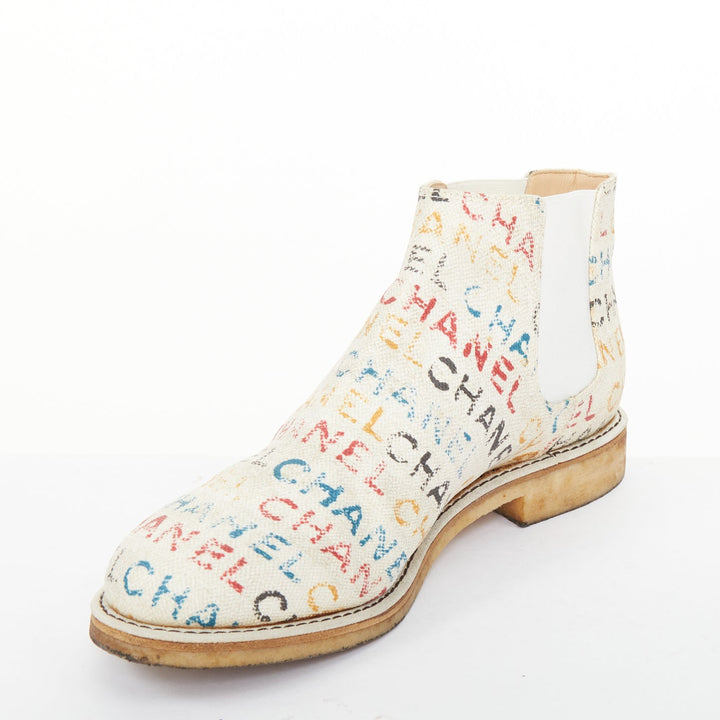 CHANEL 2014 Runway Graffiti multicolor logo print canvas chelsea boots EU40.5