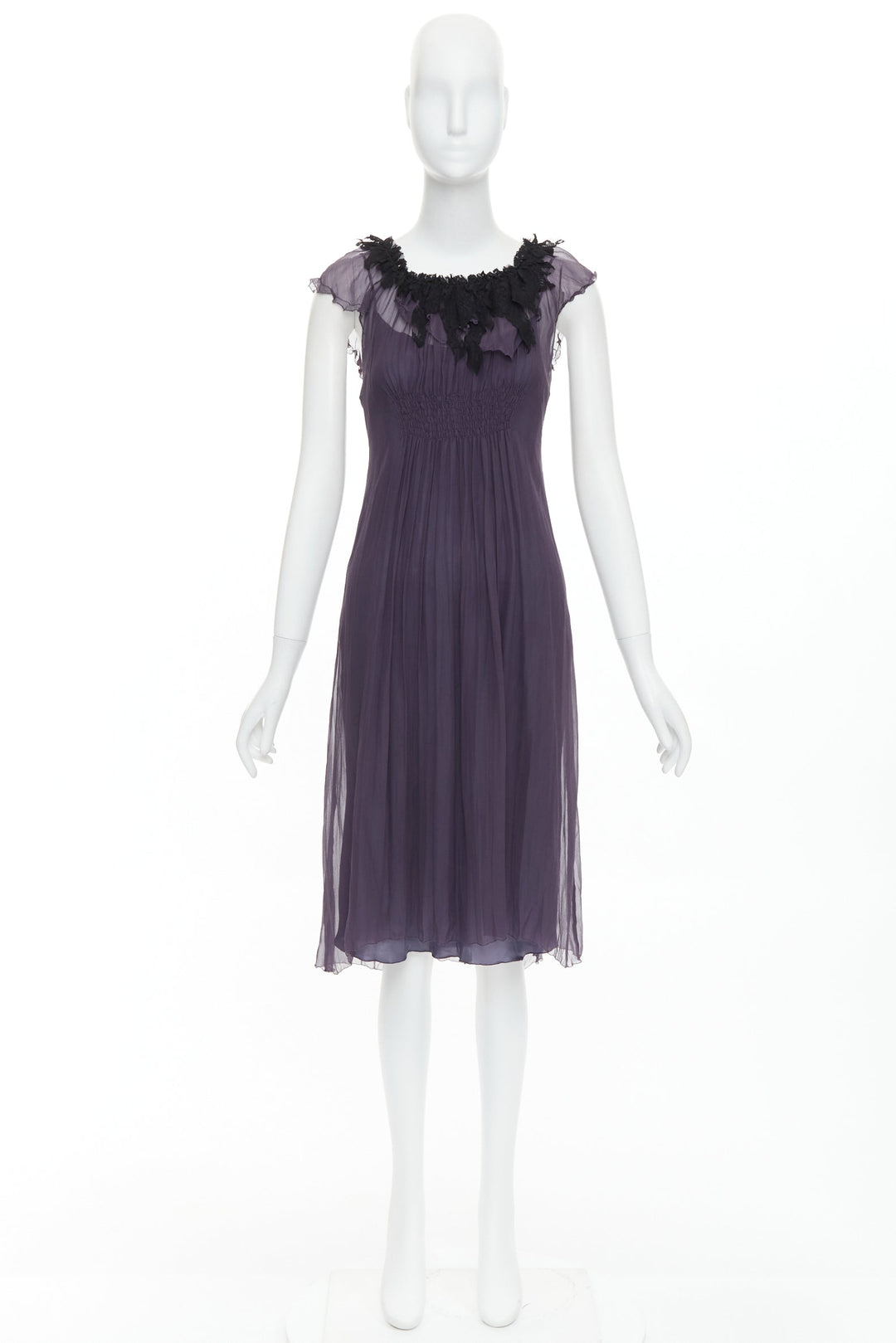LANVIN Vintage purple silk black lace trim ruched waist sheer dress FR38 M