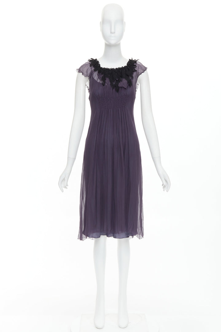 LANVIN Vintage purple silk black lace trim ruched waist sheer dress FR38 M