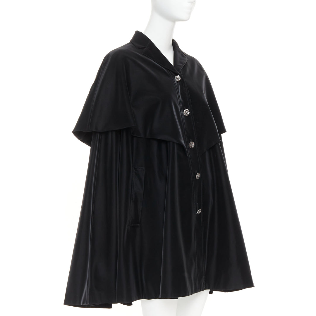 CHANEL 23K Runway black Camellia button cape overlay fluid parka coat FR38 M